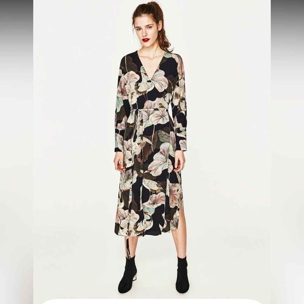 NWT Zara floral sheer wrap dress victorian Whimsy dark academia size Medium Midi